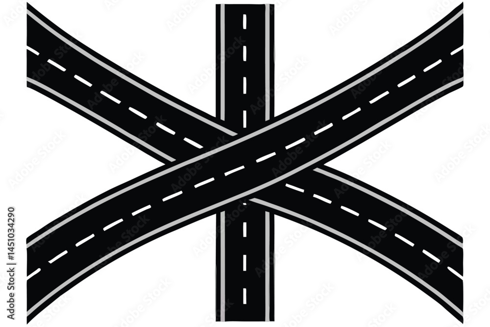 Naklejka premium Roads converging, aerial view, highway intersection, fork in the road, multiple lanes, white road markings, asphalt texture, geometric patterns, minimalist design, black and white, high contrast