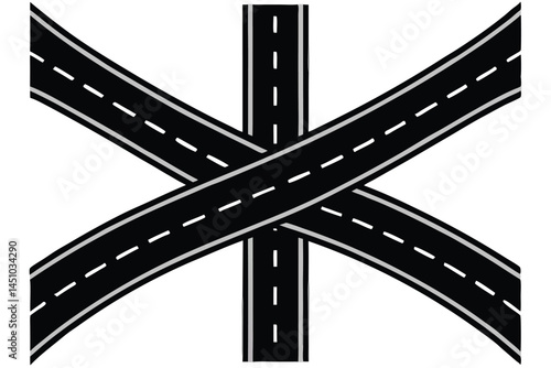  Roads converging, aerial view, highway intersection, fork in the road, multiple lanes, white road markings, asphalt texture, geometric patterns, minimalist design, black and white, high contrast