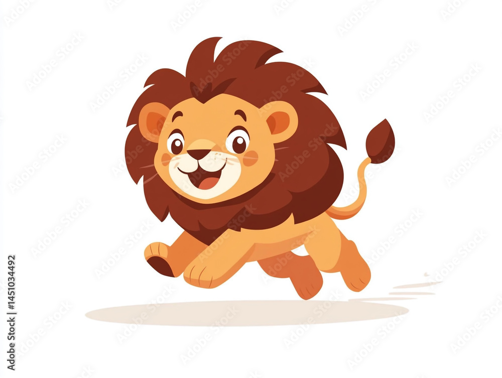 A cute cartoon lion is jumping with a simple drawing style and flat design illustration. The background is light yellow, and the lion has an adorable face with large eyes, giving it a friendly appeara A cute cartoon lion is jumping with a simple drawing style and flat design illustration. The background is light yellow, and the lion has an adorable face with large eyes, giving it a friendly appeara