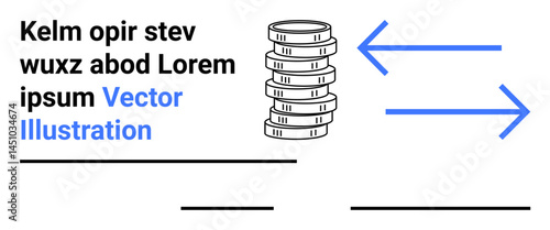 Stack of coins and two arrows indicating financial movement or data transfer. Ideal for finance, budget, exchange, transaction, economy, savings, simple landing page
