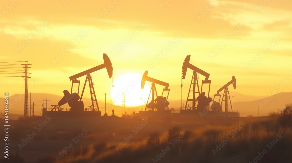 Oil rigs pumps pump jacks in the desert steppe pump oil against the backdrop of sunset drill baby Oil rigs pumps pump jacks in the desert steppe pump oil against the backdrop of sunset drill baby