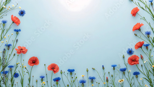 Red Poppy Flowers Bottom Border on Light Blue Background, Summer Meadow Flat Lay
