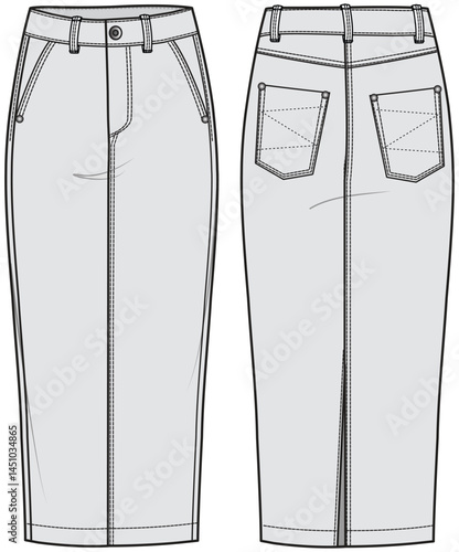 Back Slit Denim Tight Pencil Cut Midi Length Skirt Front and Back View. Fashion Illustration, Vector, CAD, Technical Drawing, Flat Drawing, Template, Mockup.