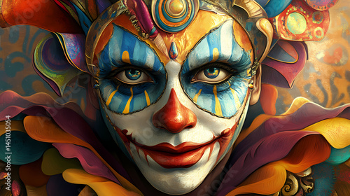 Colorful harlequin mask playful trickster costume and festival traditions. [Electric Myths] | Plasma Satyrs | lively tricksters. Illustration