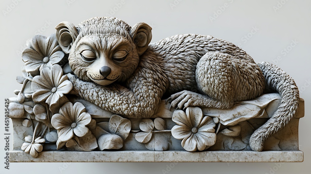 Obraz premium Sleeping Lemur Stone Carving Resting Amongst Flowers High Resolution Photo