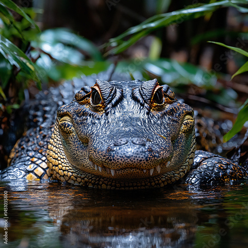 A crocodile resting by the riverbank with lush plants around it