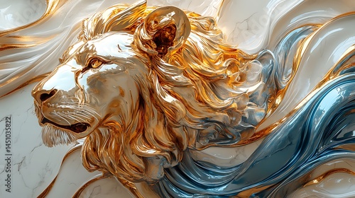 White lion sculpture glowing with molten gold mane high resolution photo