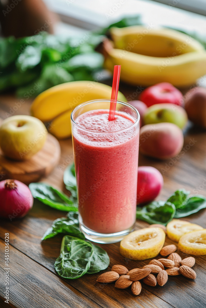 of fresh fruits and vegetables on wooden table appetizing smoothies and vitamin salads organic products in kitchen. of fresh fruits and vegetables on wooden table appetizing smoothies and vitamin salads organic products in kitchen.