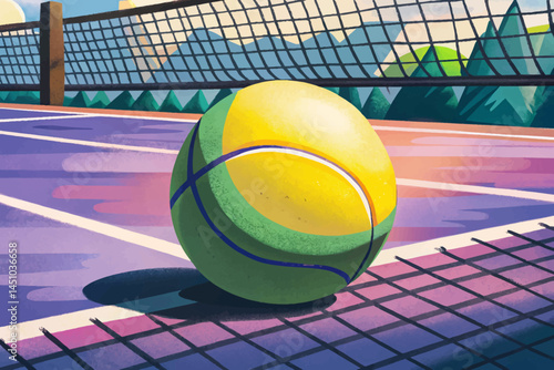 Tennis ball resting on vibrant purple court with clear line markings. Minimalist sports concept ideal vector for backgrounds, fitness themes, and modern athletic design projects