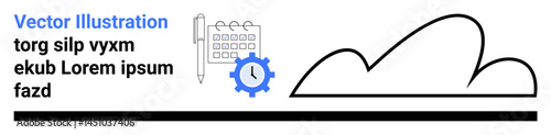 Calendar with pen, clock gear for scheduling, abstract cloud, and solid line for organization. Ideal for time management, productivity, cloud storage, planning, scheduling workflow simple landing