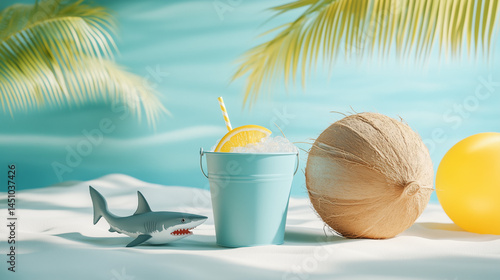 Surreal pastel beach scene with blue beach bucket, shark tropical coconut drink, and yellow beach ball. 2/3 copy space for branding. AI mockup, VIP pack ready, perfect for summer campaigns