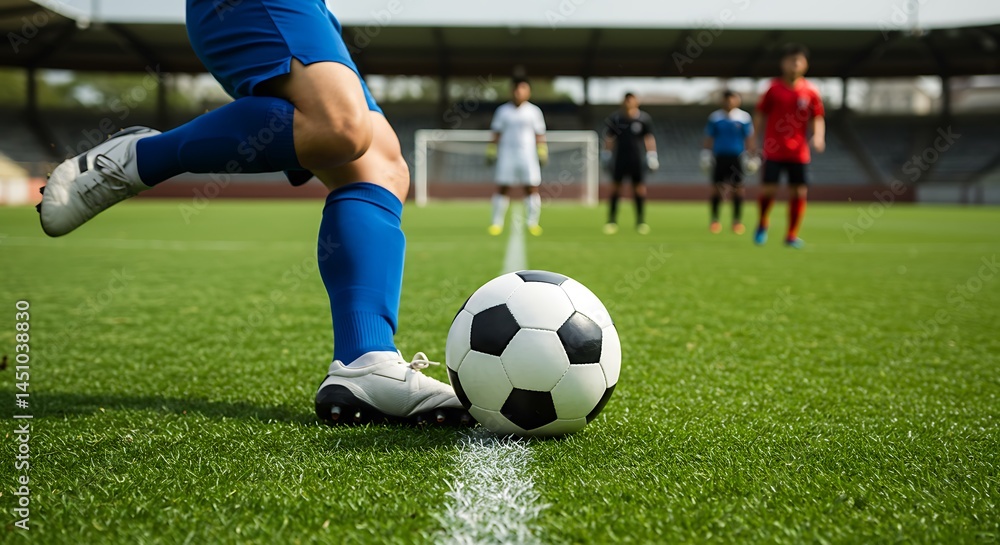 A close-up shot of a football player’s feet kicking a ball on a grass field during a match A close-up shot of a football player’s feet kicking a ball on a grass field during a match