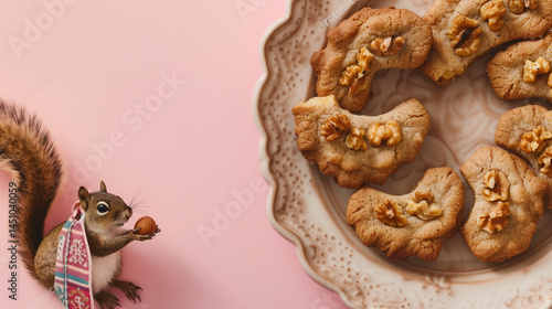 Walnut Cookie with Folk-Scarf Squirrel – Futuristic 3D Food Art, Blue Glowing Crumbs Tech Pattern | Balkan Dessert Greeting Card Design | VIP Pack Mockup Ready | Trending Now | Tourism Advertising Age