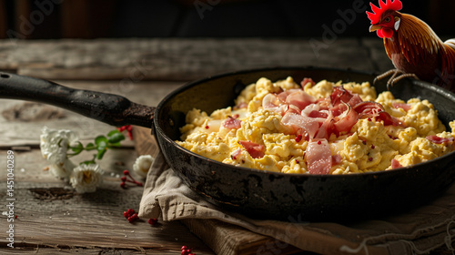 Serbian Scrambled Eggs with Kajmak & Smoked Ham – Rustic Frying Pan Breakfast Featuring Costumed Rooster.70% Copy Space,flat lay.VIP Mockup Ready, Commercial Use, Trending 2025.Food advertising