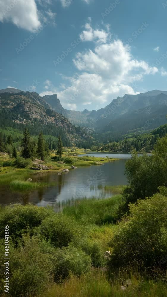 Scenic mountain lake reflecting the sky and clouds surrounded by meadows and evergreen forests under a clear blue sky. Scenic mountain lake reflecting the sky and clouds surrounded by meadows and evergreen forests under a clear blue sky.