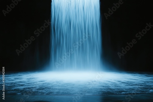 A dramatic waterfall cascade in cool blue light,  drops of water seem to form a soft mist on the black floor