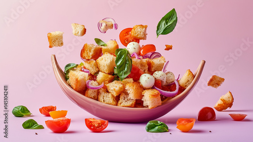 Panzanella (Tuscan Bread Salad with tomato and mozzarella) as a Gondola.Copy Space, Flat Lay, VIP Pack, Mockup Ready.Minimalist creative Food Photography for Ads & Branding.Trending now