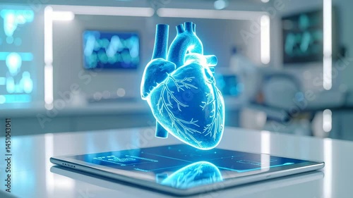 Glowing 3D Holographic Heart Model Above Digital Tablet in Lab
