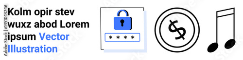 Lock with password, dollar coin, and music notes. Ideal for digital security, online payments, finance, creative industries, password protection, encryption abstract line flat metaphor