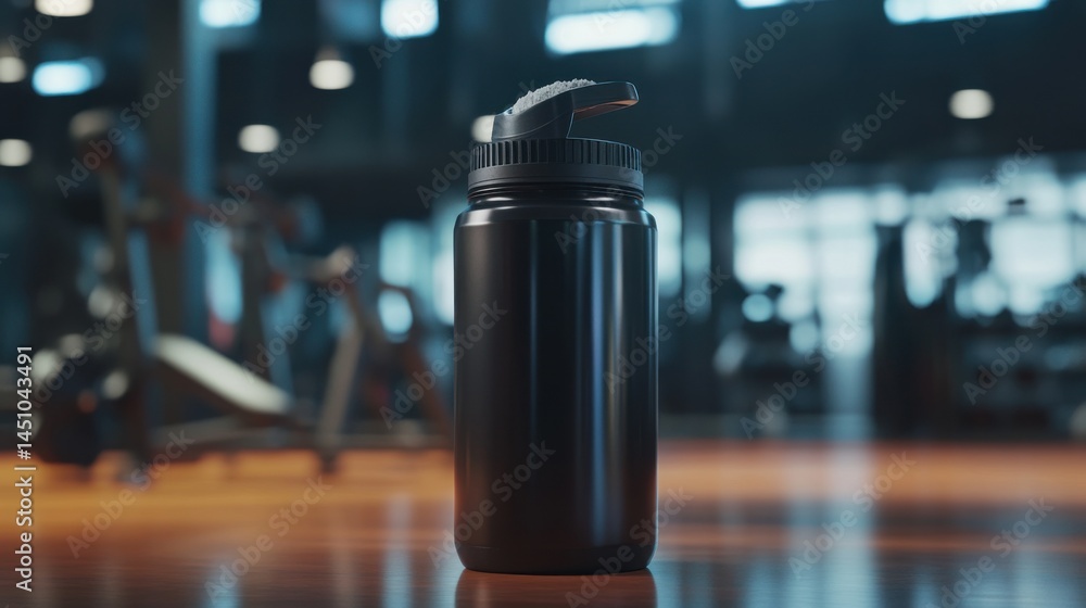 Black shaker bottle with protein powder scoop inside Black shaker bottle with protein powder scoop inside