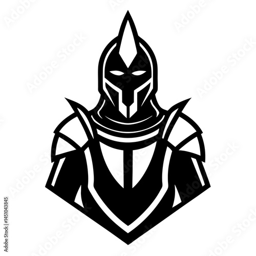 Valiant Defender: A monochrome emblem of a stern knight clad in formidable armor, evoking courage and resilience, ideal for themes of protection and valor.