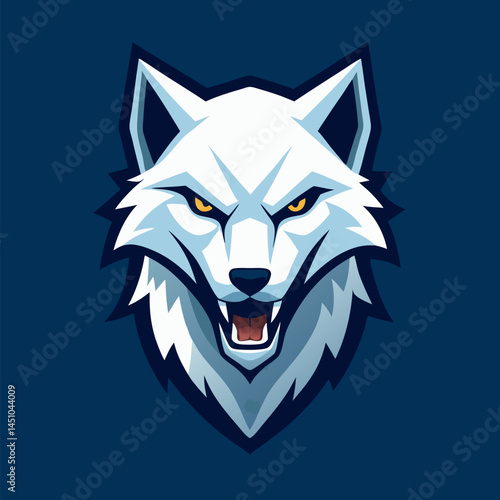 Arctic Wolf Emblem: A fierce arctic wolf emblem with sharp detail, powerful presence on a deep blue backdrop.