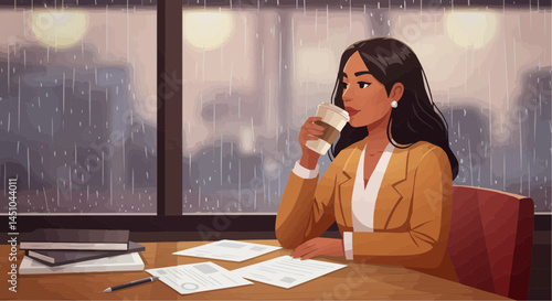 Latina woman in vector style illustration enjoying coffee while thinking by the window  