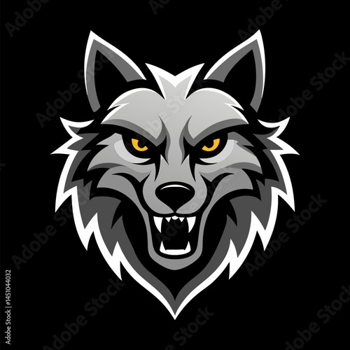 Wolf Mascot Logo: A striking emblem of strength and determination, featuring a fierce wolf head with piercing yellow eyes and bared teeth, set against a stark dark.