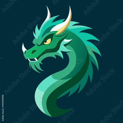 Emerald Dragon Head: A fierce and captivating green dragon head with sharp teeth, prominent horns and piercing yellow eyes. It is set against a deep blue background, creating a dramatic contrast.