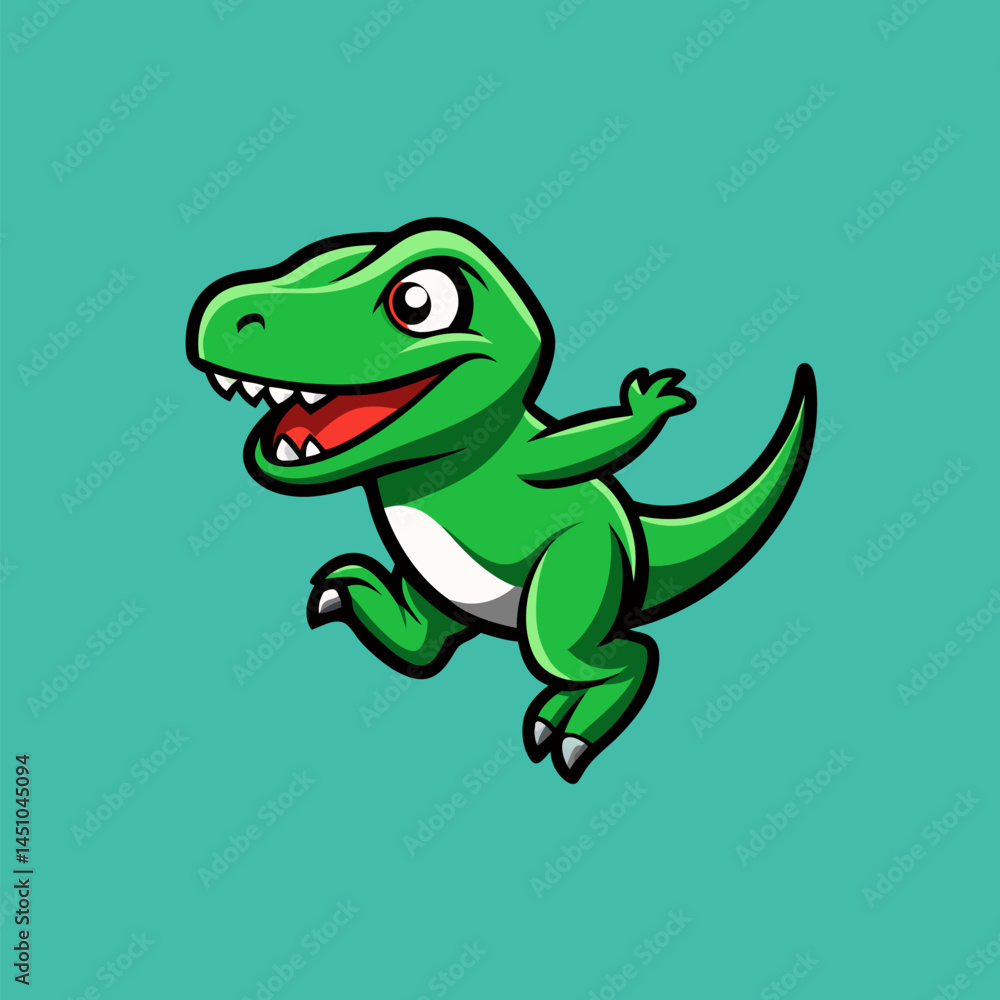 Fototapeta premium Joyful Tyrannosaurus Rex: A cartoonish Tyrannosaurus Rex illustration leaps with exuberant joy, its green scales and playful demeanor. A lively depiction that sparks imagination