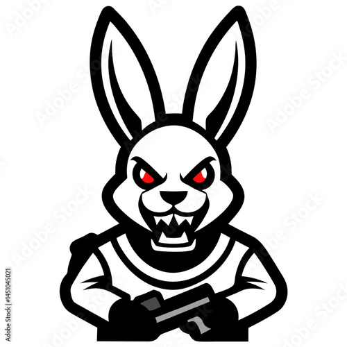 Aggressive Rabbit with Weapon: A striking black and white illustration depicts an enraged rabbit brandishing a weapon, its intense gaze and menacing demeanor revealing a story of action and danger.