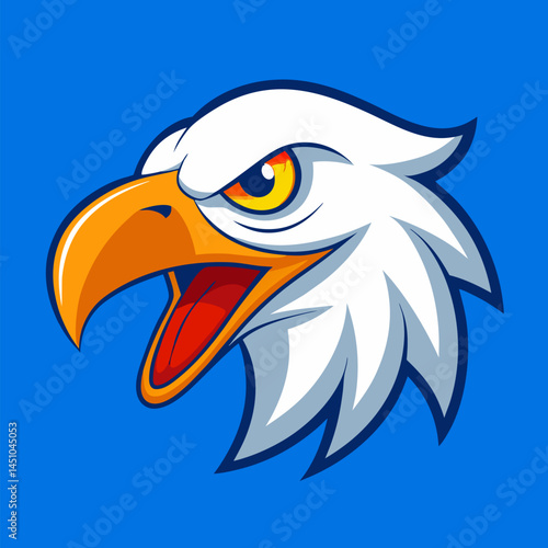 Majestic Eagle's Gaze: A fierce eagle head illustration against a bright blue backdrop, exuding power and freedom. Capturing a dynamic graphic portrayal.