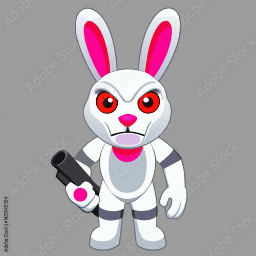 Enraged Rabbit Holding Weapon: A fiercely animated cartoon rabbit, glaring menacingly and clutching a weapon, set against a stark backdrop, symbolizing conflict.