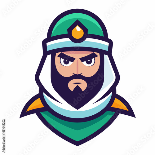 Arabian Man Illustration: A stylized illustration of an Arabian man wearing a traditional white turban and green robe, his expression is stoic and powerful.