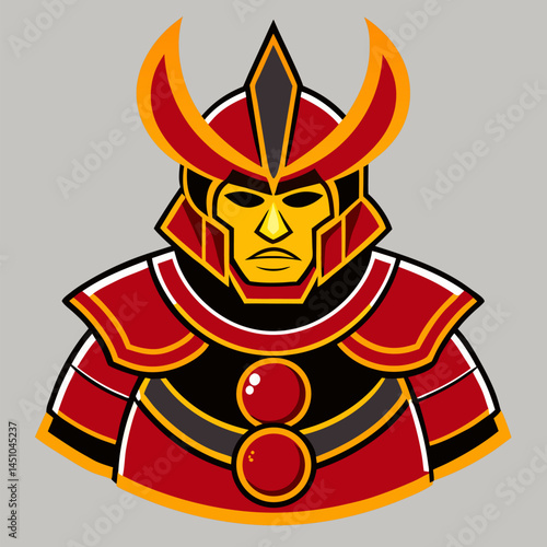 Warrior Sentinel: A striking, stylized illustration of a formidable warrior, clad in ornate armor and a distinctive helmet, stands as a symbol of strength and resilience.