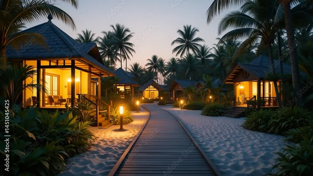 Tropical beach resort pathway at dawn or dusk with wooden huts and lush vegetation Tropical beach resort pathway at dawn or dusk with wooden huts and lush vegetation