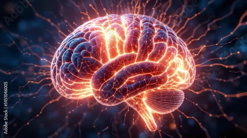 Illustration of a glowing human brain in dynamic activity highlighted areas