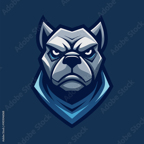 Aggressive Bulldog Mascot: A powerful bulldog mascot illustration, with a stern expression and a blue bandana. Perfect for team logos, branding, and athletic apparel.