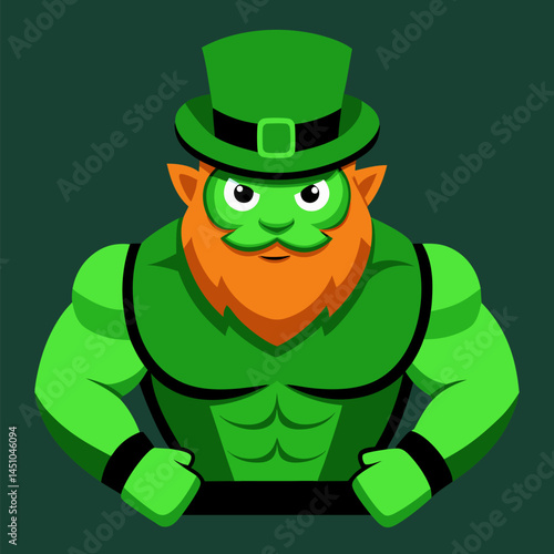 St. Patrick's Day Leprechaun Mascot: A vibrant illustration of a muscular leprechaun, radiating charm and vigor, posed against a dynamic green backdrop, celebrating Irish heritage.