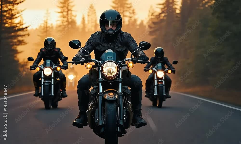 Motorcycle expedition amidst nature's embrace: A thrilling adventure at sunset Motorcycle expedition amidst nature's embrace: A thrilling adventure at sunset