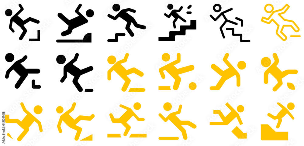 Fototapeta premium Slip and Fall Hazard Icons Set: A collection of icons featuring figures slipping and falling, ideal for safety signage, workplace hazards, and caution signs.