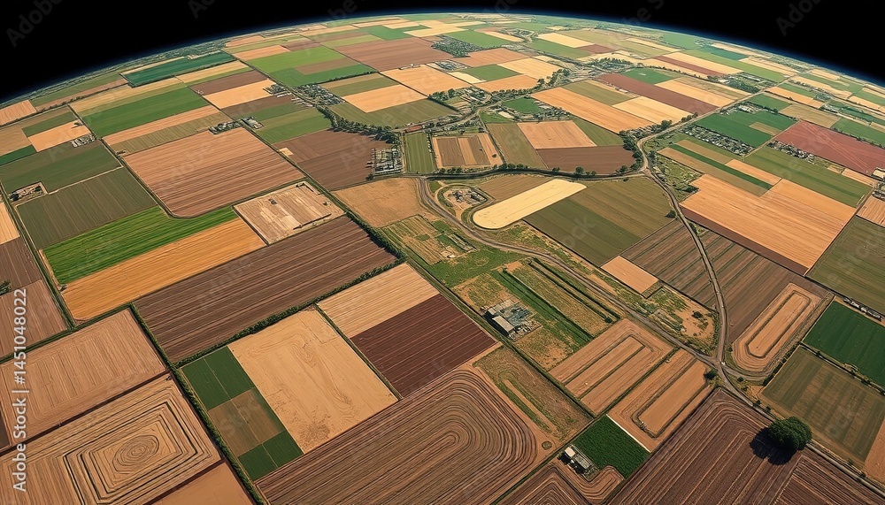 Fototapeta premium Aerial Perspective of Agriculture Fields forming a patchwork with earth curvature