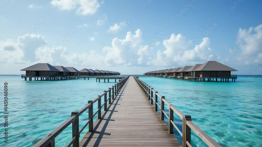 Serene tropical overwater bungalows connecting pathway on turquoise water