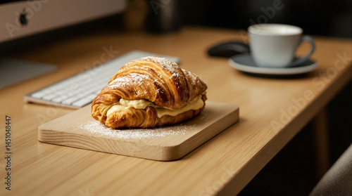 flaky vanilla custard croissant on a wooden board