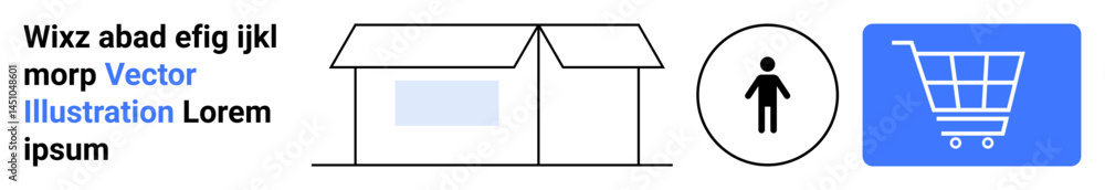 Storefront, person icon, and shopping cart highlight concepts of online shopping, retail interaction, and digital commerce. Ideal for e-commerce, retail design, purchasing journey, user experience Storefront, person icon, and shopping cart highlight concepts of online shopping, retail interaction, and digital commerce. Ideal for e-commerce, retail design, purchasing journey, user experience