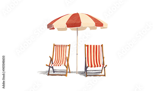 Simple clip art of two beach chairs under an umbrella. One chair is red and white striped, while the other is brown and cream-colored with stripes.