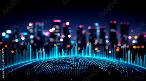 Digital Globe with Sound Waves Against Blurred City Skyline at Night
