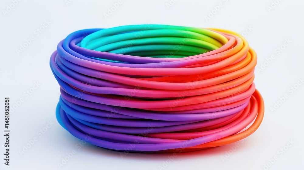 Bright multicolored cables on a pure white background, perfect for tech enthusiasts and DIY projects. Ideal for creative designs Bright multicolored cables on a pure white background, perfect for tech enthusiasts and DIY projects. Ideal for creative designs