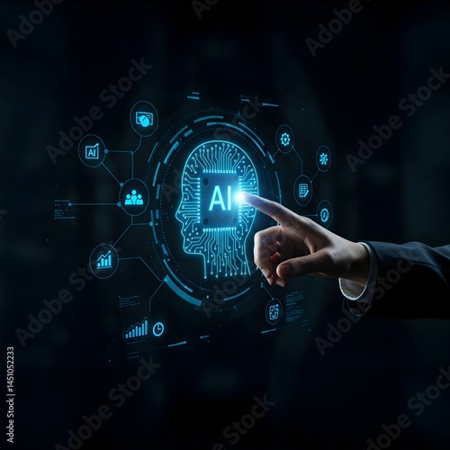 Hand reaching to touch glowing Ai icon with interconnected nodes. A digital illustration showcasing the power of AI with interconnected nodes and a central AI chip being touched, representing. 