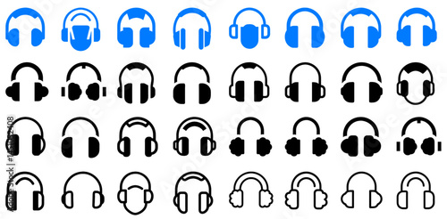 Ear Protection Earmuffs and Earplugs Icons Set: A collection of icons featuring earmuffs and earplugs in various styles and colors, representing ear protection, noise reduction, and safety equipment.
